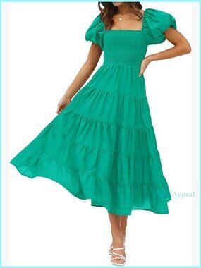 Summer Square Neck Puff Sleeve Smocked Midi Dress High Waist Flowy A Line